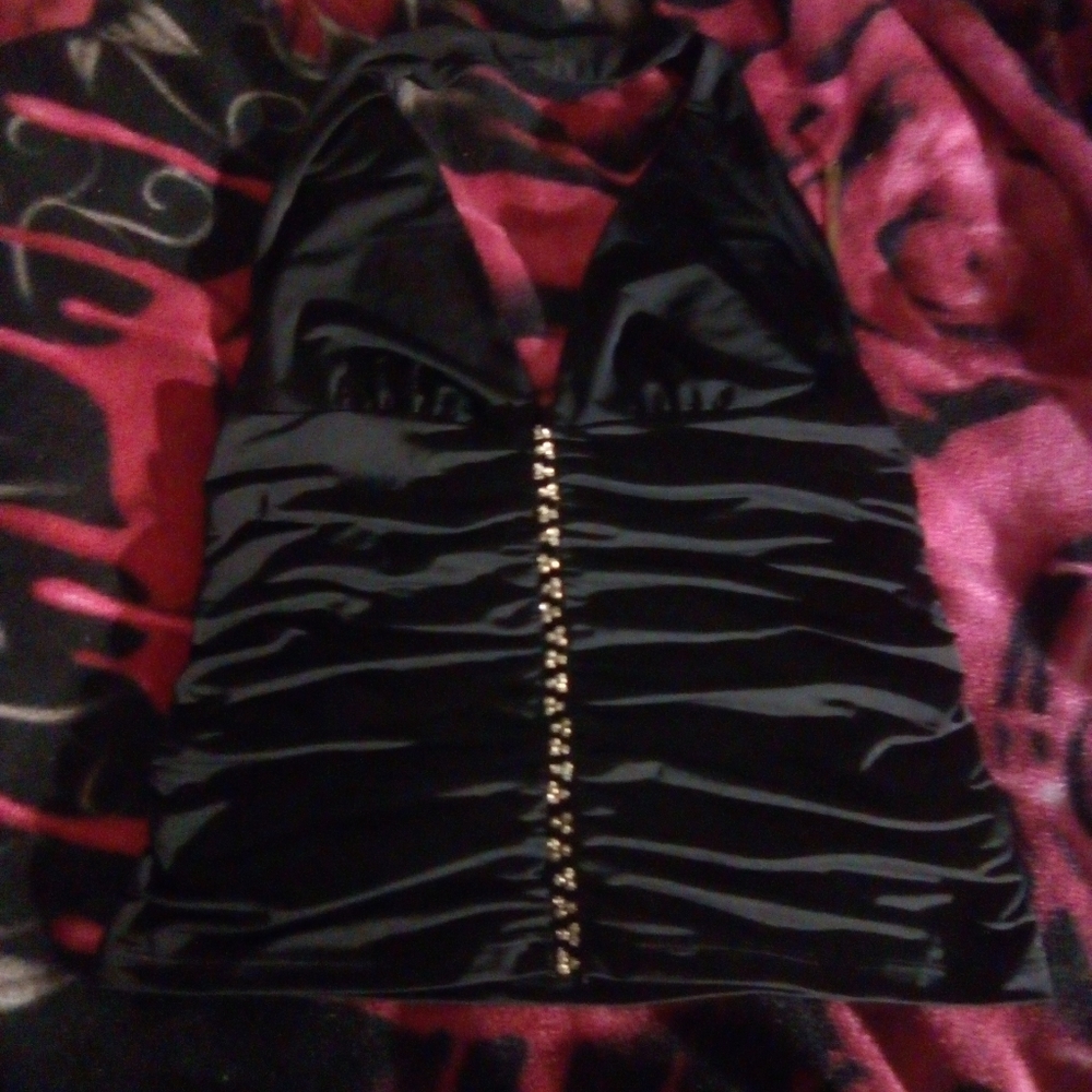 Black and Rhinestone Halter Top Sexy! Stretchy Size L